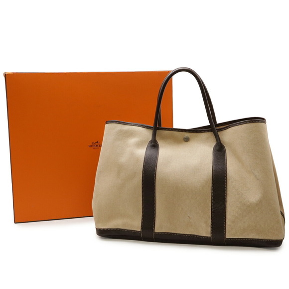 HERMES Garden MM Tote Bag, Handbag, Shoulder Tote, Toile H Leather, Beige, Da... - Picture 9 of 9